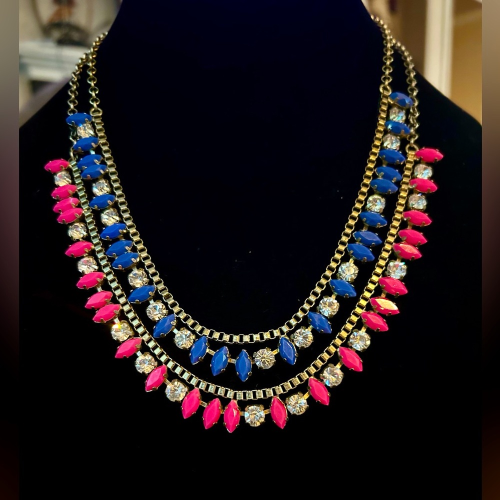 Bundle/lot 2 J. Crew statement necklaces crystal lucite gem blue pink spike